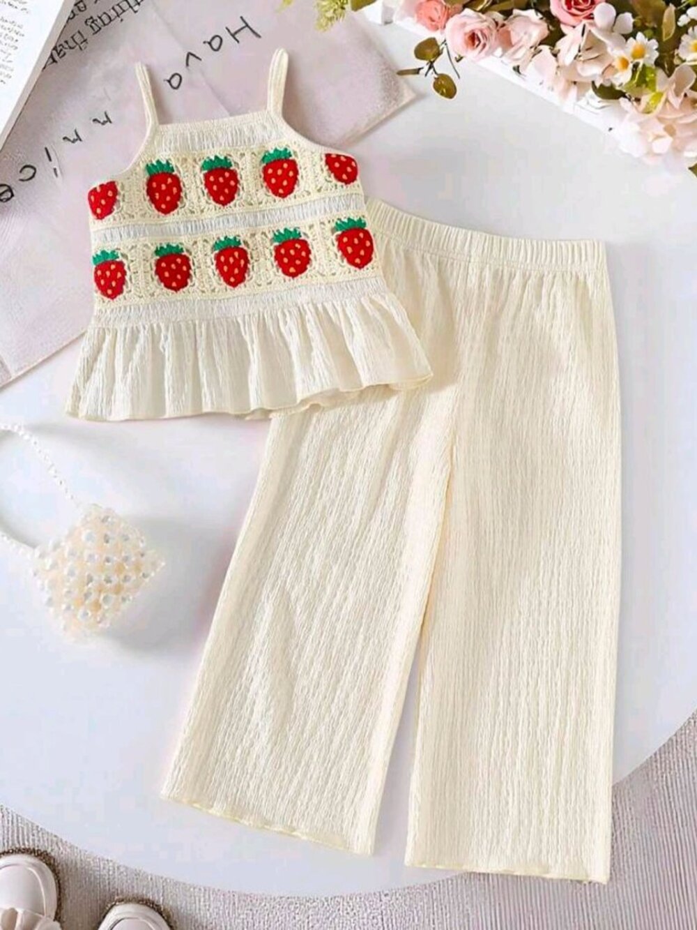 Shein ✦ Crochet Tank & Ruffle Pants Set ✦ Apricot Strawberry 2‑Piece 5Y NWT